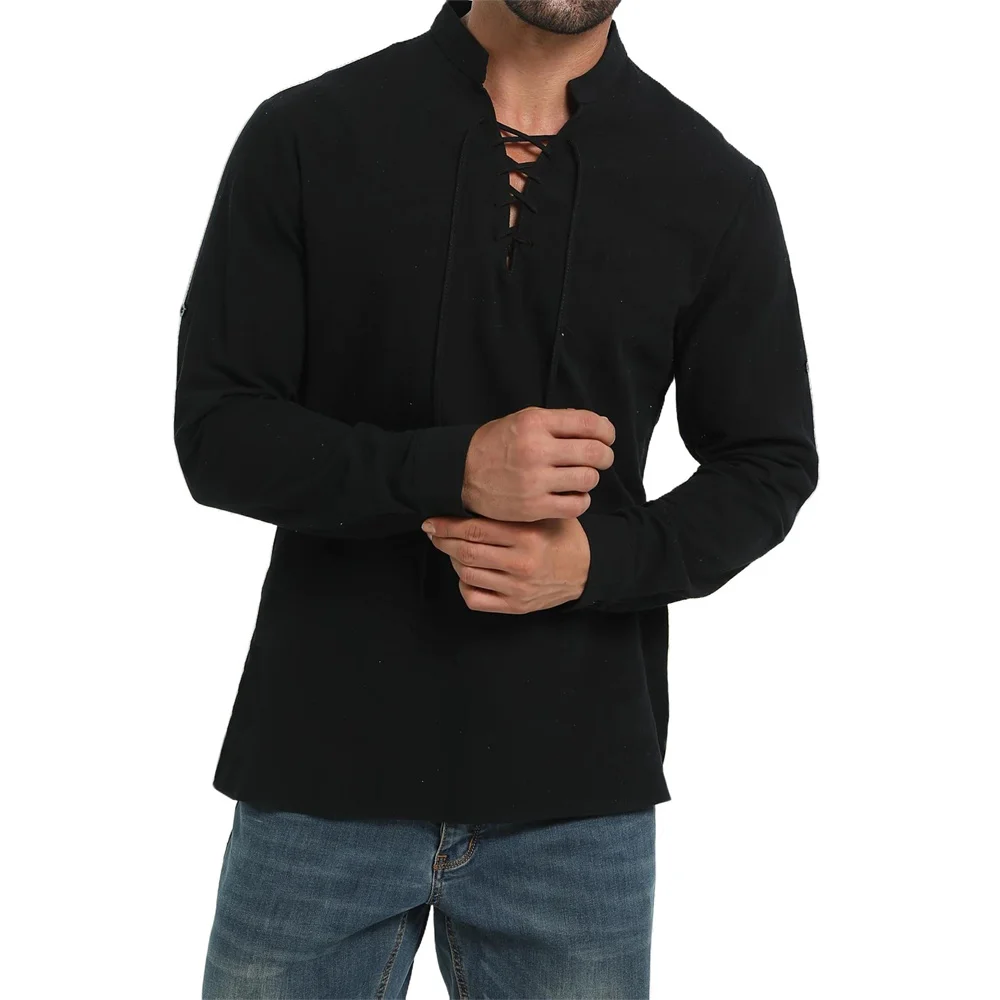 Medieval Gothic Lace Up Pirate Shirt - 봄 가을 남성용 해적 셔츠 빈티지