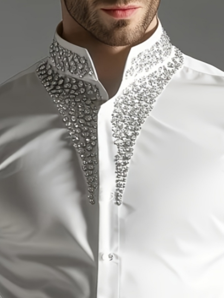 Mandarin Collar Formal Shirt Slim Fit - 남성용 고급 라인스톤 셔츠, 만다린 스탠드