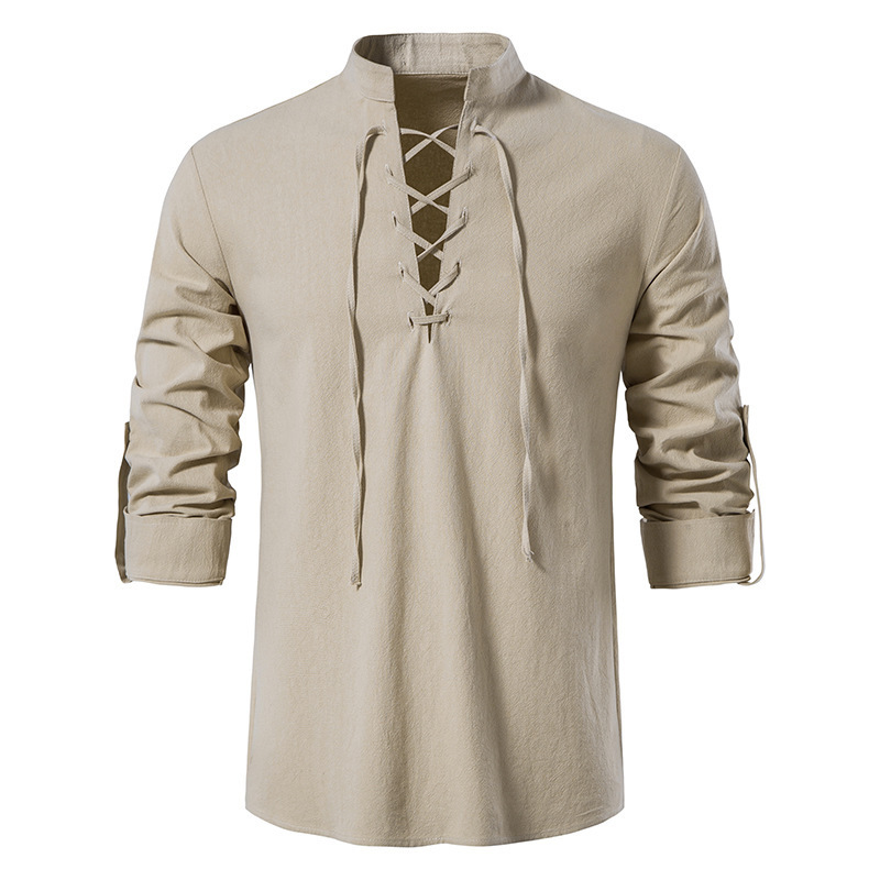 Mens Linen Shirt Long Sleeve - 남성용 중세풍 레이스업 면 린넨 셔츠