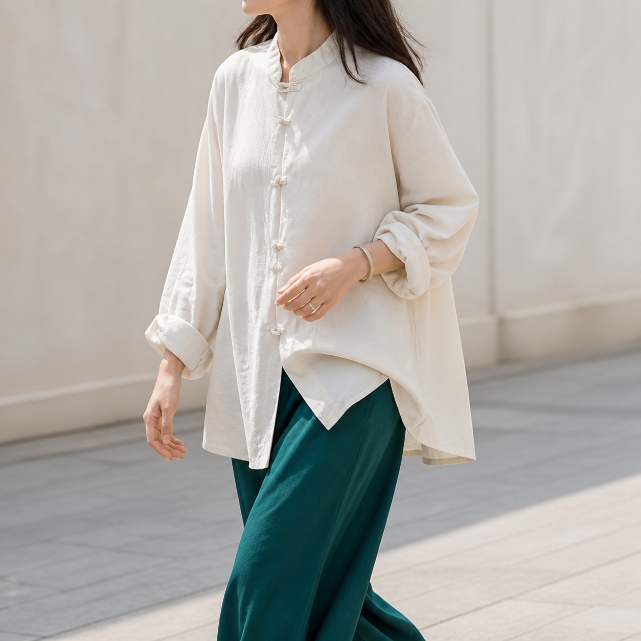 Shirts - 여성용 루즈핏 긴소매 셔츠, 스탠드 칼라,