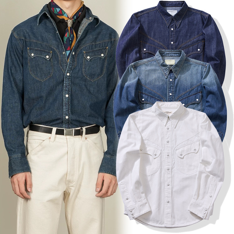 Mens Western Denim Pearl Snap Shirt - 아메리칸 빈티지 펄 스냅 웨스턴 셔츠