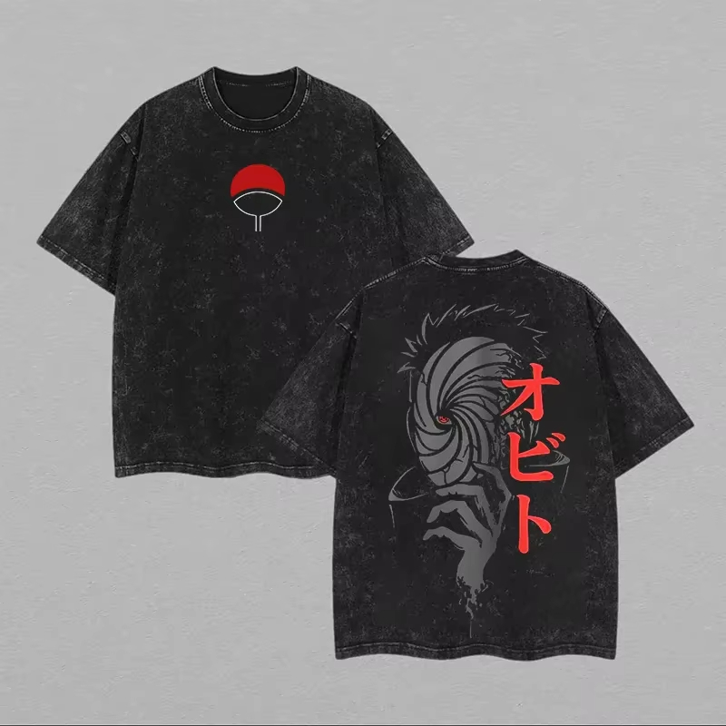 Acid Wash Vintage Graphic T Shirt - 나루토 오비토 우치하 티셔츠 마스크 빈티지