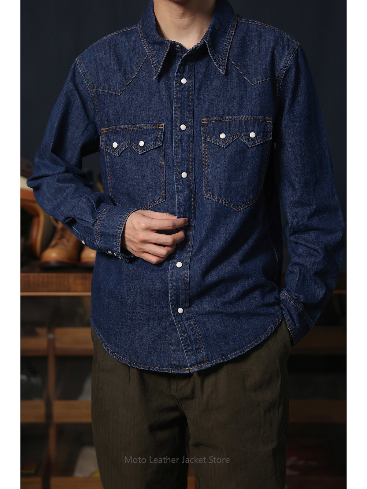 Mens Western Denim Pearl Snap Shirt - 아메리칸 레트로 웨스턴 데님 셔츠 로우