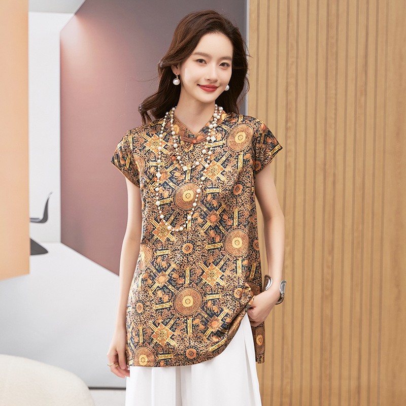 여성용 블라우스 반팔 라운드 넥 탑 만다린 칼라 튜닉  - Shirts 리뷰 및 가격