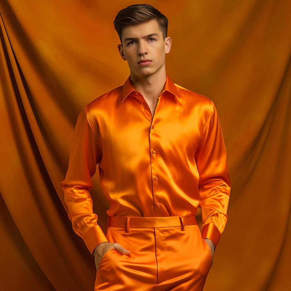 블루 오렌지 레드 옐로우 새틴 실크 셔츠 남성 캐주얼  - Mens Satin Silk Dress Shirt 리뷰 및 가격