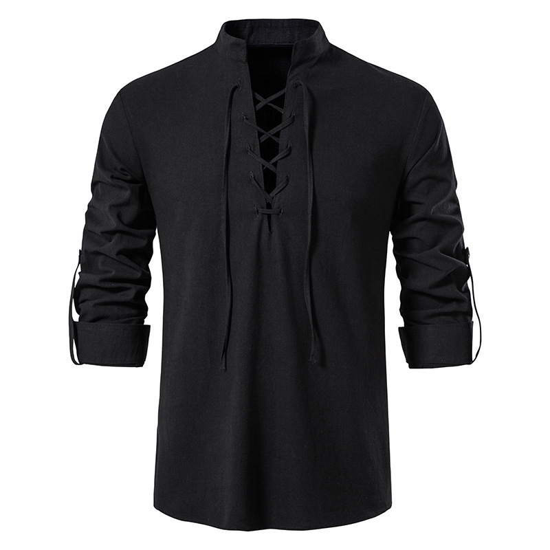 남성용 중세풍 레이스업 면 린넨 셔츠 스탠드 칼라 롤업 - Mens Linen Shirt Long Sleeve 리뷰 및 가격