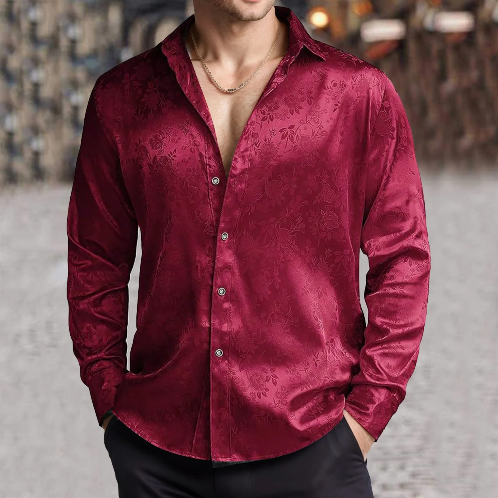 남성 모조 실크 새틴 드레스 셔츠 자카드 긴 소매 꽃  - Mens Satin Silk Dress Shirt 리뷰 및 가격