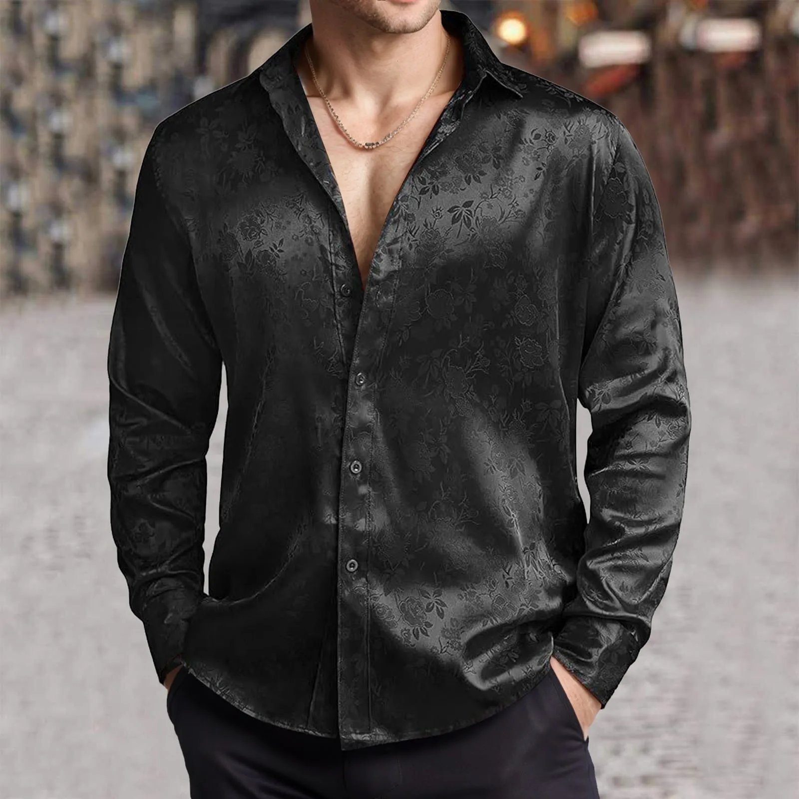 남성 모조 실크 새틴 드레스 셔츠 자카드 긴 소매 꽃  - Mens Satin Silk Dress Shirt 리뷰 및 가격