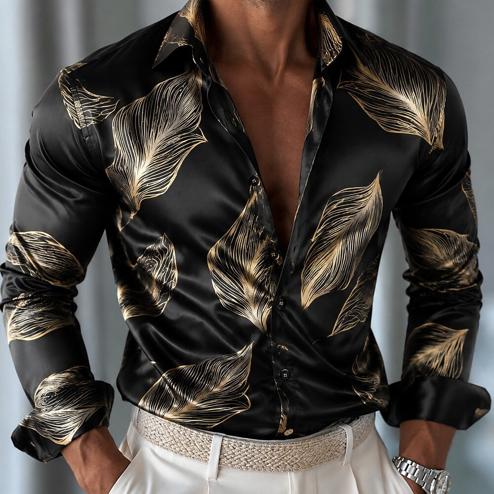 남성용 나뭇잎 패턴 새틴 셔츠, 긴 소매 캐주얼 패션  - Mens Satin Silk Dress Shirt 리뷰 및 가격