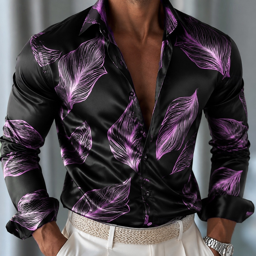남성용 나뭇잎 패턴 새틴 셔츠, 긴 소매 캐주얼 패션  - Mens Satin Silk Dress Shirt 리뷰 및 가격