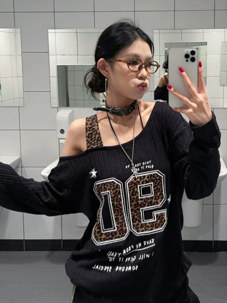 Y2K 패치워크 레오파드 프린트 티셔츠 여성 루즈핏 스 - T-Shirts 리뷰 및 가격