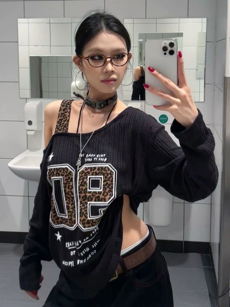 Y2K 패치워크 레오파드 프린트 티셔츠 여성 루즈핏 스 - T-Shirts 리뷰 및 가격