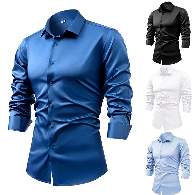 남성용 로얄 블루 실크 새틴 긴팔 원피스 셔츠, 네이비 - Mens Satin Silk Dress Shirt 리뷰 및 가격