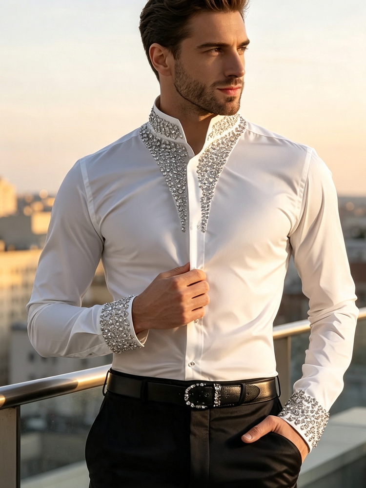 남성 캐주얼 비즈니스 셔츠 고급 라인스톤 싱글 브레스티 - Mandarin Collar Formal Shirt Slim Fit 리뷰 및 가격
