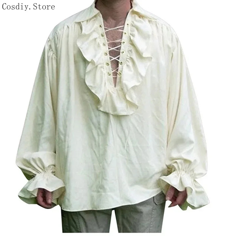 S-5XL 중세 해적 할로윈 뱀파이어 의상 남성용 러플 - Medieval Gothic Lace Up Pirate Shirt 리뷰 및 가격