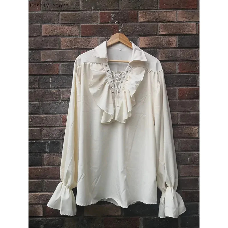 S-5XL 중세 해적 할로윈 뱀파이어 의상 남성용 러플 - Medieval Gothic Lace Up Pirate Shirt 리뷰 및 가격