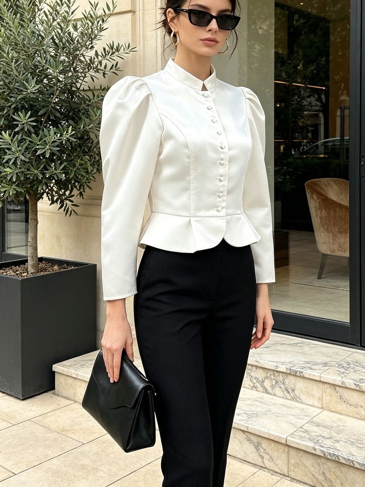 페플럼 블라우스 긴소매 퍼프 숄더 만다린 칼라 버튼 프 - Mandarin Collar Formal Shirt Slim Fit 리뷰 및 가격