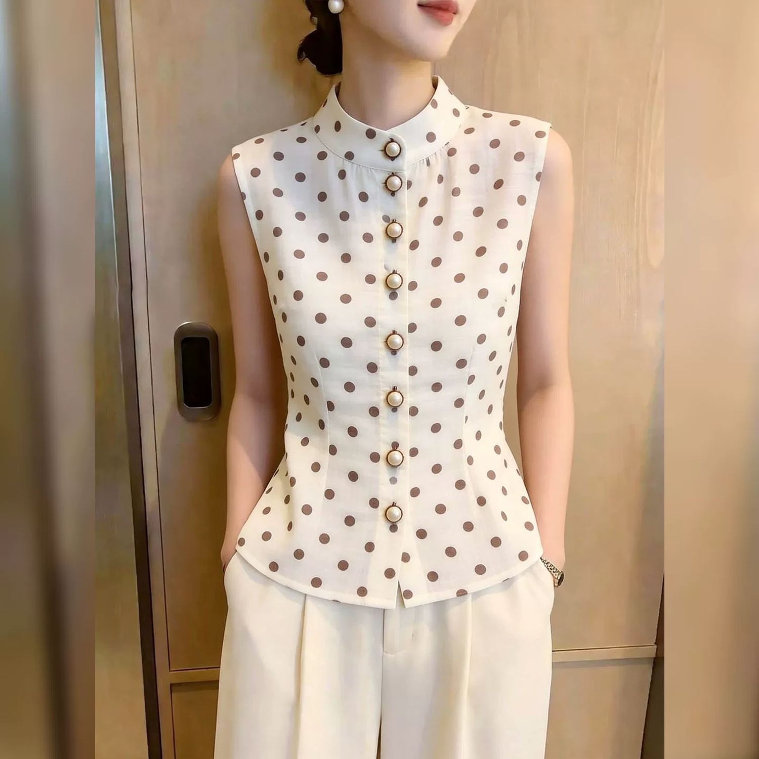 만다린 칼라 민소매 폴카 도트 블라우스 진주 단추 슬림 - Mandarin Collar Formal Shirt Slim Fit 리뷰 및 가격